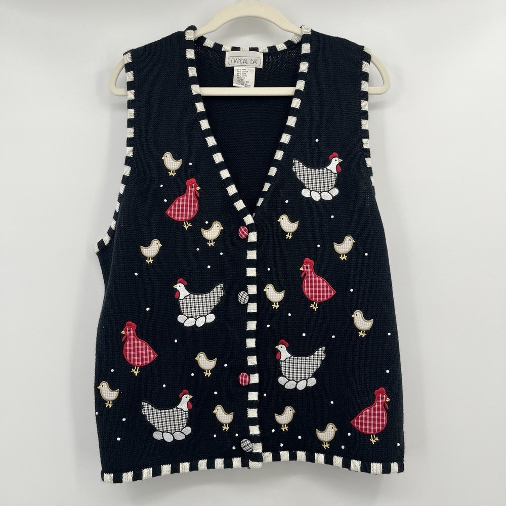 Women's Knitted Best Chicken XL Teacher Farm Embroidery Vtg Funky 90s Checkered